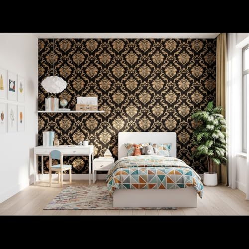 Image of Brown Golden Luxury Damask Wallpaper - Self Adhesive Peel and Stick Floral Wall Stickers, Waterproof PVC Vinyl Decorative Paper for Home, Bedroom, Living Room & Furniture (45cm x 300cm)