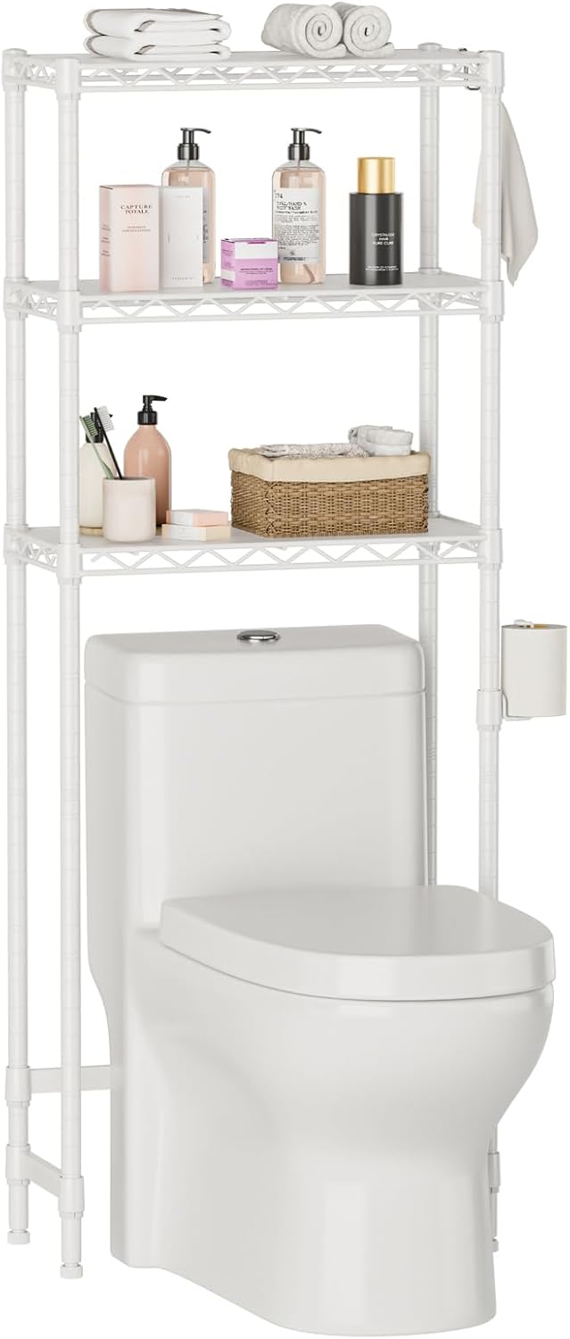 3-Tier Over The Toilet Storage Rack,Heavy Duty Adjustable Metal Bathroom Shelf with Toilet Paper Holder & Hooks,Space-Saving Organizer for Bathroom Kitchen,10”D x 24”W x 66”H,White