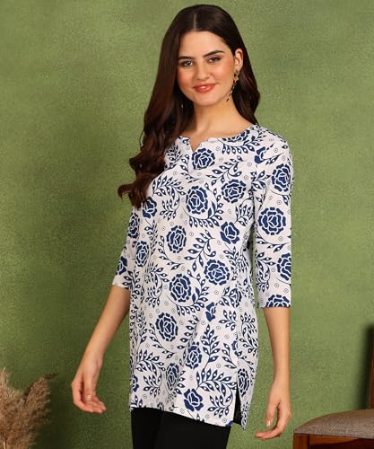 Image of DSK Studio Women's Cotton Short Kurti with Notch Neck Line 3 /4th Sleeves Floral Pattern Short Length and Regular Fit