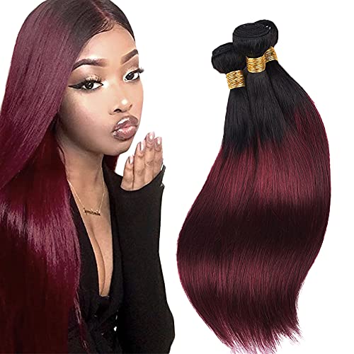 AuokMar 14 16 18 Inch Burgundy Human Hair Bundles Straight Red Hair Extensions 1b99j 3 Bundles Tow Tone Black To Natural Brazilian Remy Hair Straight Brazilian Real Hair Weft Real Human Hair Bundles