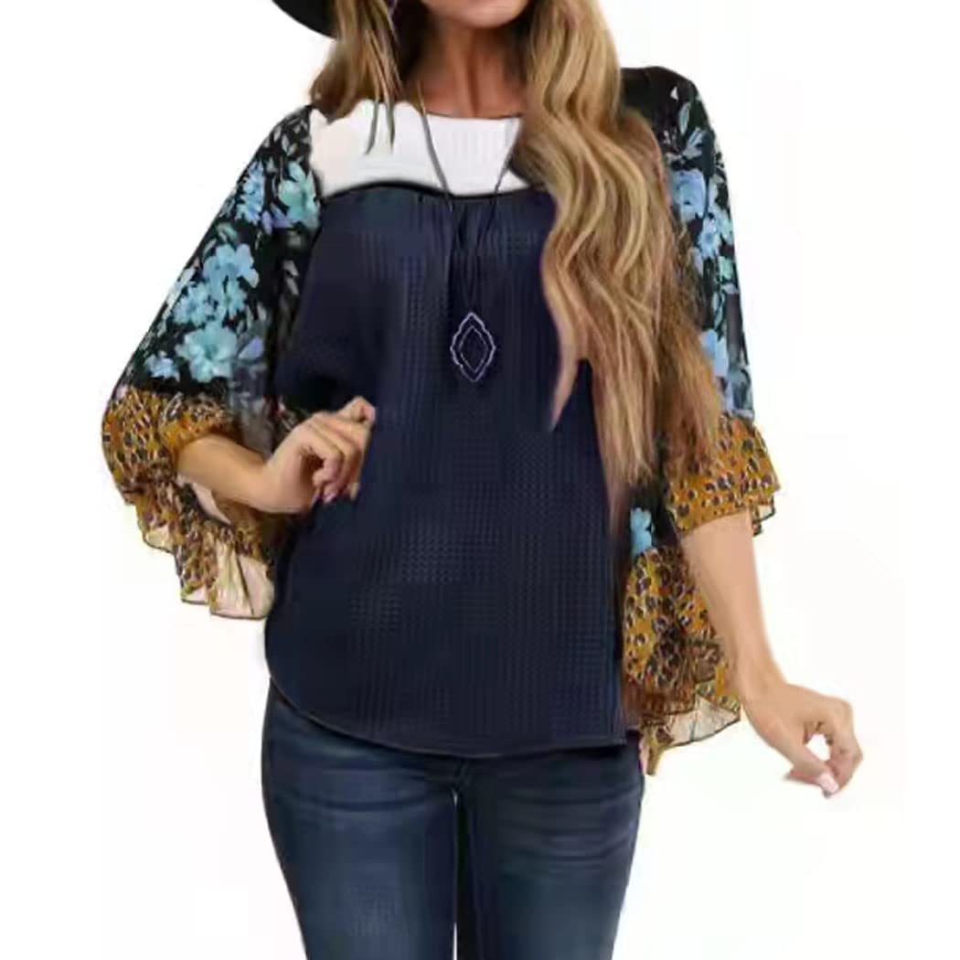 CASURESS Womens Floral Printed 3 4 Sleeve Shirt Batwing Loose Tops Blouses Pullover