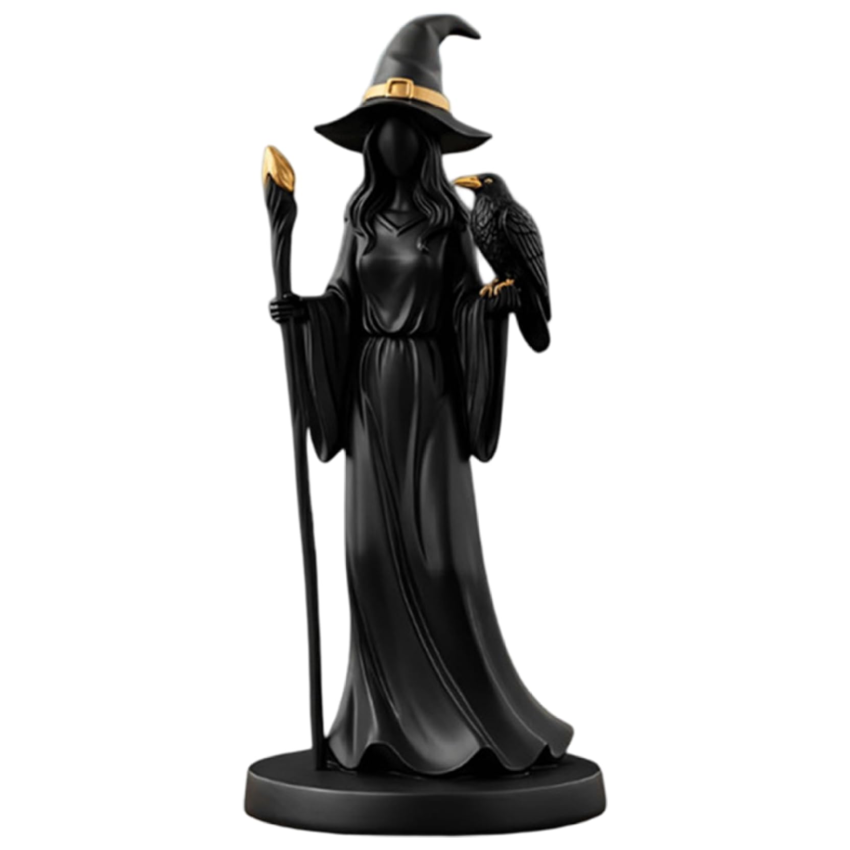 Witch Statue 7.9 Inch Black Resin Figurine with Scepter and Crow, Wicked Halloween Decorations for Desk, Tabletop, Living Room, Haunted Theme and Home Display