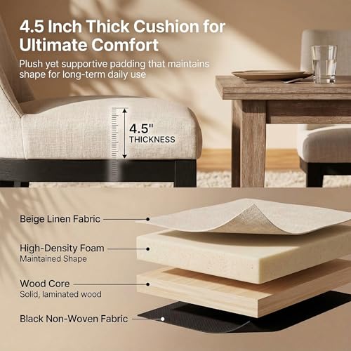 Image of HNY Modern Dining Chairs Set of 4 with Comfortable Back Support, Farmhouse Soft Linen Upholstered Dining Room Chairs with Black Solid Wood Legs, Armless Kitchen Side Chairs for Living Room, Beige