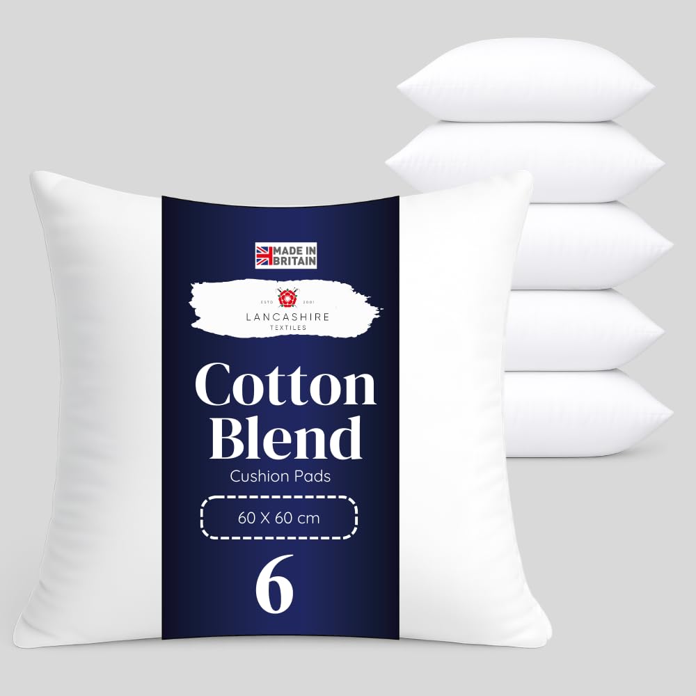 Lancashire Textiles Pack Of 6 6 Pack Luxury 24" X 24" (60 X 60Cm) Cotton Blend Cushion Pads With Super Bounce Polyester Fibre, Made Of Finest British Materials