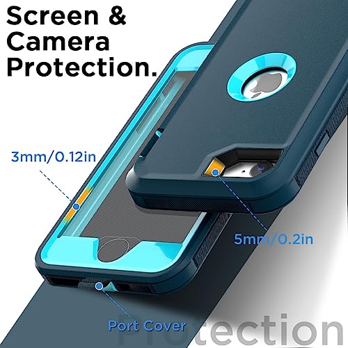 Image of AICase for iPhone SE Case 3rd & 2nd Generation, for iPhone SE 2022 /2020 Built-in Screen Protector Heavy Duty Protective Shockproof 3-Layer Full Body Rugged Phone Cover, Blue /Turquoise