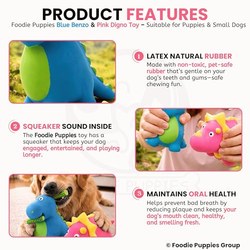 Image of Foodie Puppies Dog Squeaky Chew Latex Rubber Toy Combo (Pink Dino + Blue Benzo) for Small Dogs & Puppies | Durable, Soft Animal Design | Fetch & Chew Safe Play Toys