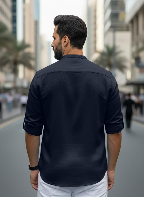 Image of Men Cotton Blend Mandarin Collar Casual Kurta Shirt | Roll-Up Sleeves | Regular Fit Ethnic Short Kurta for Daily