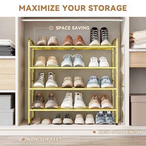 Image of Modern Shoe Rack, 4 Tier Heavy Duty Metal Mesh Shoe Shelf 27 Inch Wide, Gold