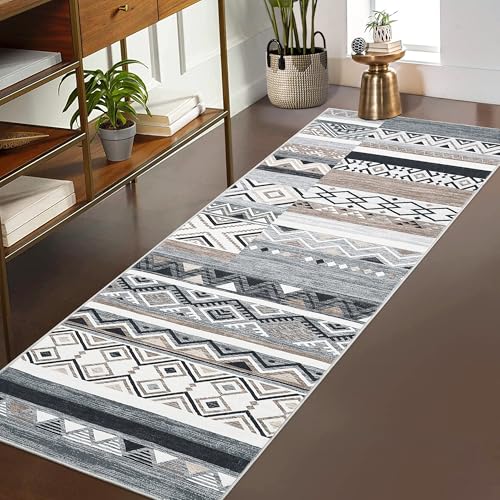 GarveeHome Vintage Patchwork Runner Rug 2x6 Washable Grey Runners for Hallway, Non Slip Geometric Carpet, Stain Resistant Tribal Soft Mat, Low Pile Foldable Floor Cover for Entryway Bathroom Bedroom
