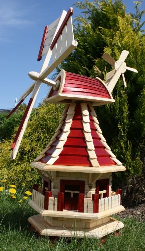 Gartenwindmühle aus Holz mit Solar rot Typ 2