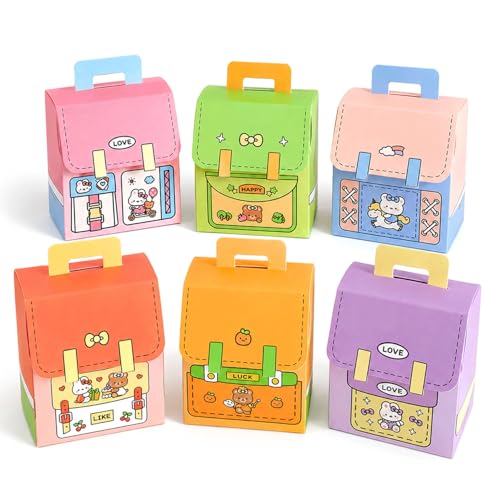 LEMONSTONE 6 Stück Geschenktüten Einschulung Mini Schulranzen aus Pappe als Geschenkverpackung für Schulanfang Mitgebsel für Kinder mit Bären Hasen Motiv Einschulung Geschenktüte (8 x 5 5 x 8 5 cm)