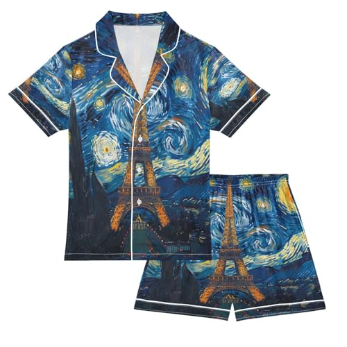 ALAZA Van Gogh Starry Sky Eiffel Tower Satin Pajamas Set Short Sleeve Button Down Sleepwear Summer Pjs 2 Piece