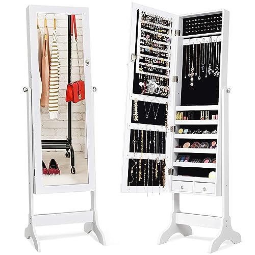 COSTWAY Armario para Joyas con Espejo, Espejo Joyero de Pie con Cerradura y Estante para Joyería...