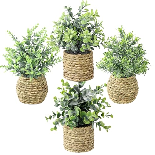Treory Small Fake Potted Plants: 9 Inches Artificial Plants with Seagrass Handwoven Planters, Indoor Farmhouse Decorations, Eucalyptus Plant for Home Bathroom Office Shelf Tabletop Desk Room Decor