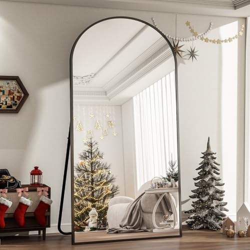 Image of Arch Top Full-Length Mirror | Floor Standing or Wall Mounted | Minimalist Design in Gold, Black & Silver | Oversized Mirror for Bedroom & Entryway (Black, 160x60cm)