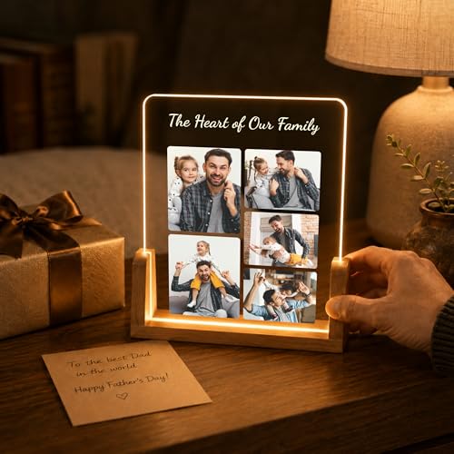 Image of Giftplease Custom Fathers Day Tabletop Rectangular Acrylic Wood Photo Frame | Warm Led Light Base Personalized Picture Layout Desktop Night Decor Standee for Dad Papa Husband Stepdad Grandpa