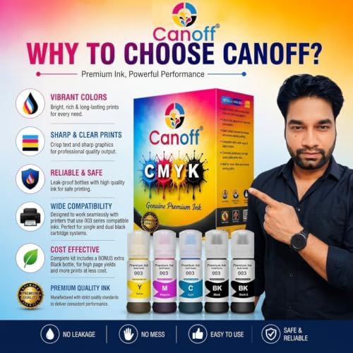 Image of CANOFF Compatible Epsan 003 Ink Bottle Refill | Spill-Free Easy Refill | High Page Yield | Compatible with Epsan EcoTank L1110, L3110, L3150, L3210, L3250 & L5190 Printers Set (4 Color + 1 Black)