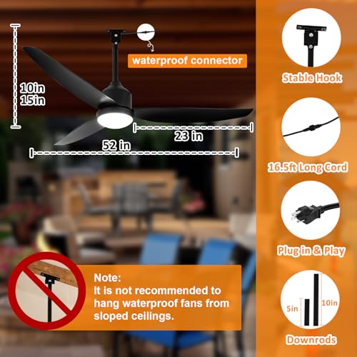 Depuley Outdoor Ceiling Fan with Light: 52 Inch Gazebo Fan Outdoor Hanging - Plug in Ceiling Fan for Patio Waterproof - Dimmable Ceiling Fan Remote App Control Black