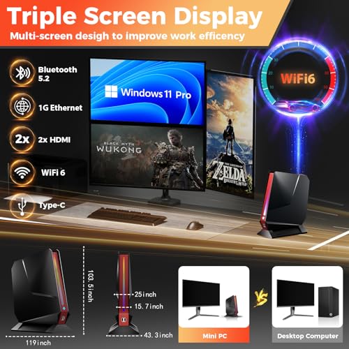 Image of Mini PC, Intel Core i7-8750H(8C /16T up to 4.1GHz), GeForce GTX 1050 3G Discrete Graphics Mini Computer with RGB Lights, 16GB DDR4 512 NVMe SSD, Triple Display, WiFi6 BT5.2, 1G RJ45, Win 11 Pro Black
