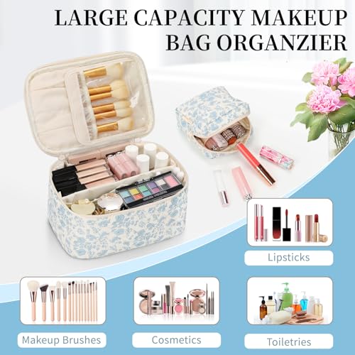OCHEAL Makeup Bag Set, Portable Travel Makeup Bags Cosmetic Organizer Bag for Women Cute Floral Cosmetic Pouch Large Capacity Make up Bag Toiletry Bags with Divider and Handle-Floral2
