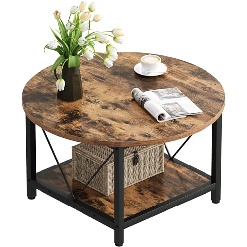 DWVO Round Coffee Tables for Living Room, 2 Tier Small Coffee Table, Circle Table with Open Storage Shelf, Rustic Wood Coffee Table with Metal Frame, Easy Assembly, Brown