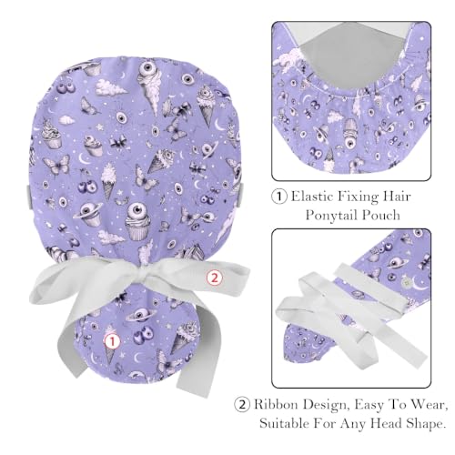 Image of 2 PCS Bouffant Cap with Button Ponytail Pouch Working Cap Sweatband Adjustable Surgical Cap Black and White Cow