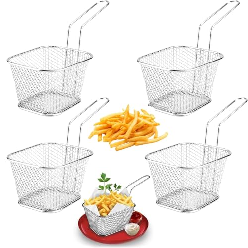 Chip Serving Frying Baskets 4 Pcs Mini Chip Baskets with Handle for Serving Stainless Steel French Fries Holder Food Presentation Basket Fry Basket Square Presentation for Onion Rings Chicken Wings