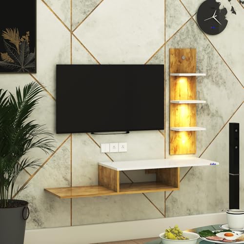 Image of Anikaa Engineered Wood LED Light TV Unit Wall Mounted TV Unit Wall TV Stand TV Cabinet for Living Room, Set Top Box Stand - Gaintwood /White (D.I.Y - Do-It-Yourself) Ideal for Up to 43 inch Inches