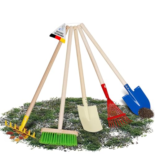 Coemo Kinder-Gartenset, Gartengeräte, Set 5-teilig Kinder Schaufel, Besen, Harke, Rechen, Spaten, Laubbesen, für Mädchen und Jungen ab 3 Jahren, für Garten, Sandkasten und Strand