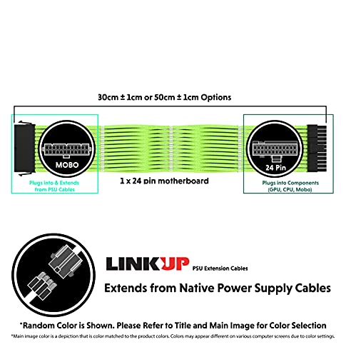 Image of LINKUP - PSU PC Power Extension Cable Metallic Sleeved Silicone Coated Soft & Flexible to Route Custom Mod GPU & CPU w /Comb Kit┃1x 24P (20+4) Motherboard ATX┃50CM 500MM - Gold