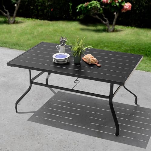 Image of NUU GARDEN Outdoor 61 inch x 37 inch Rectangle Dining Table with 1.57 inch Umbrella Hole, 6-Person Steel Slat Outdoor Patio Table, for Patio, Garden, Backyard and Balcony, Black