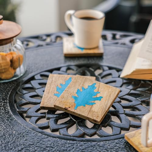 Image of Ireka Home Autumn Blue Coaster Set of 4, Mango Wood & Resin - Tea Cup, Coffee Mug & Glass Coasters for Dining Table & Home Decor