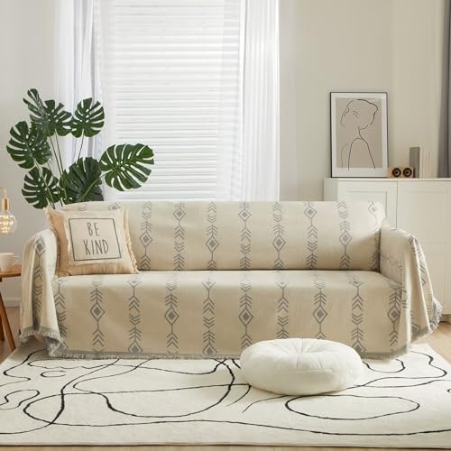VClife Boho Sofa Cover Washable Couch Covers for Dog, Non Slip Throw Couch Cover for 3 Cushion Couch Sofa Pet Furniture Protector Sectional Sofa Couch Cover Slipcover with Tassel, Beige Gray, 71