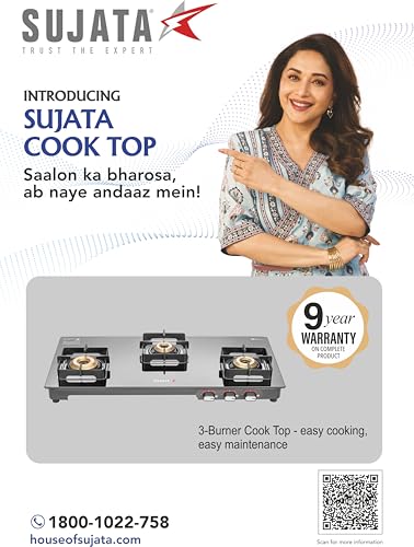 Image of Sujata Regal Manual Gas Stove 3 Burners Glass Top | 9 Years Warranty | Gas Stove with Jumbo Brass Burners | SABAF Technology | ISI Certified | LPG & PNG Compatible | 360 Rotating Brass Nozzle (Black)
