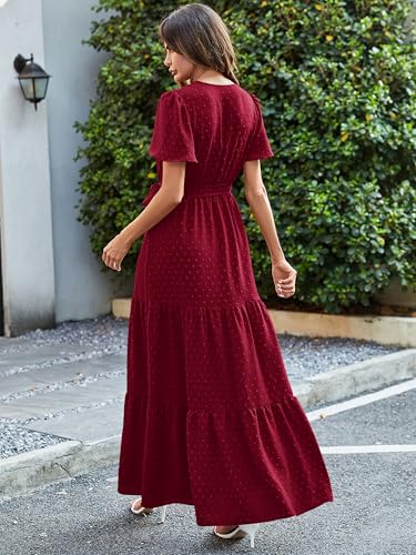 Image of MASCOMODA Women Boho Swiss Dot Maxi Dresses Wrap V Neck Flutter Short Sleeve Solid Tie Waist A Line Tiered Flowy Long Dresses