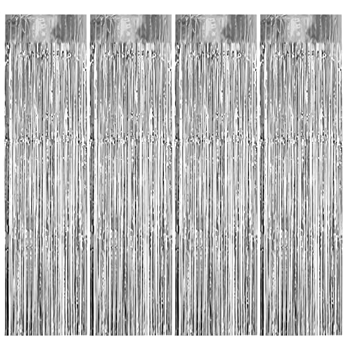 4 pcs Rideaux à Franges en Aluminium, 1m x 3m Rideaux MéTalliques Tinsel, Argent Rideaux en Clinquant Métallique, Auto-Adhésives Frange Brillant pour Décorations Fête Anniversaire,Bal,Mariage