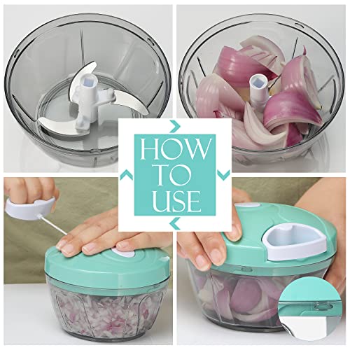 Image of Ourokhome Manual Food Processor Vegetable Chopper, Portable Hand Pull String Garlic Mincer Onion Cutter for Veggies, Ginger, Fruits, Nuts, Herbs, etc., 500ml, Teal