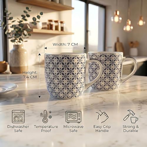 Image of UPC Coffee Mug Set of 6 | White & Black Fine Geometric Floral Tile Print | Delicate Snowflake Lattice Pattern | Bone China Tea & Coffee Cups | Microwave Safe | Home & Kitchen