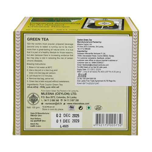 Image of Mlesna Green Tea 100g | 50 Foil-Wrapped Tea Bags | Pure Ceylon Green Tea | Rich in Antioxidant | Imported from Sri Lanka