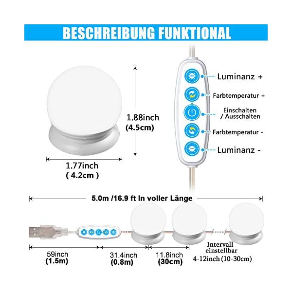 QYH Led Spiegelleuchte,10 Dimmbar Schminklicht,Make Up Licht,Spiegellampe,USB-Kabel Schminklampe für Schminktisch… – Bild 6