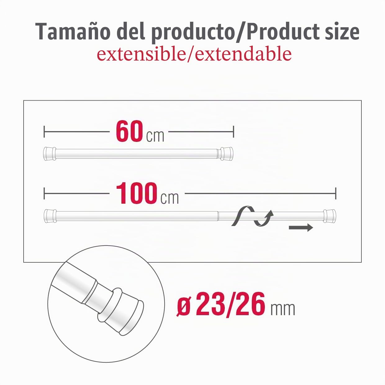 GARDINIA Barra de metal para cortinas, Extensible, Montaje sin tornillos ni taladros, Diámetro 23/26 mm, Longitud 60-100 cm cm, Blanco, Acero