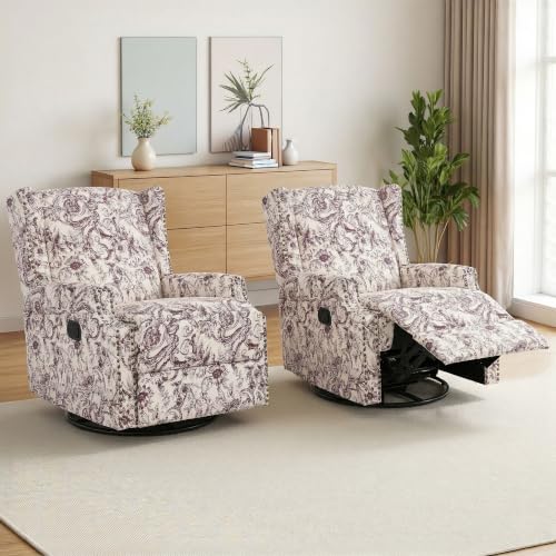 Image of Swivel Rocker Recliner Chairs Set of 2, 360 Swivel Wingback Recliner Chairs for Adults, Upholstered Glider Rocking Chair with High Back, Deep Seat for Living Romm Bedroom, Rococo Plum