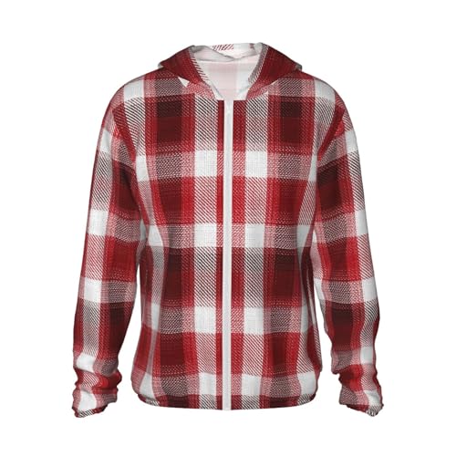UPF 50+ Sun Protection Hoodie Long Sleeve Red plaid Sun Shirt Rash Guard Fishing Shirts for Men