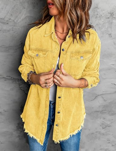 Women's Oversized Denim Jacket Casual Button Up Frayed Hem Shacket Long Sleeve Jean Jacket Fall Outfits3