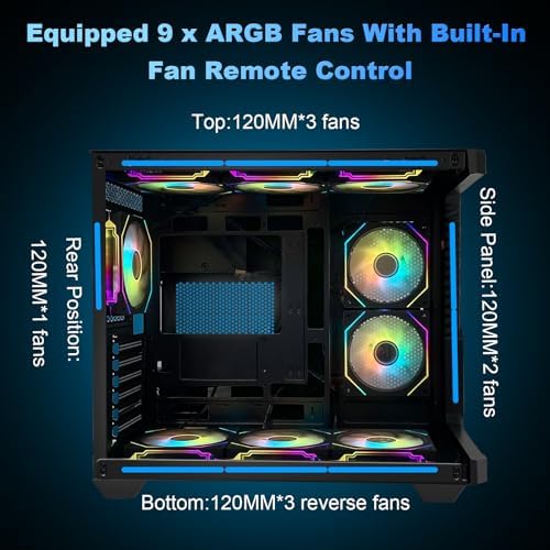 SZSKYING Mid-Tower Gaming ATX PC Case, 9 ARGB Fans with Remote, Tempered Glass, 360mm Radiator, Type-C, Black. — 사진 6