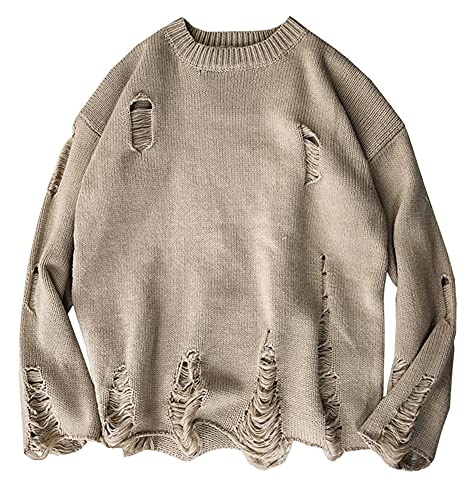 LifeHe Men's Ripped Sweater Pullover Oversized Distressed Knit Jumpers Tops2