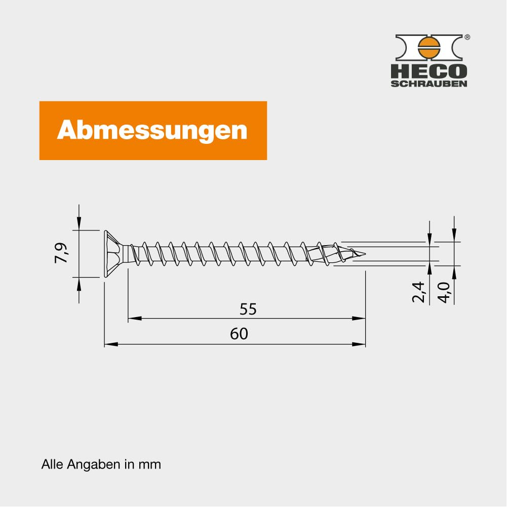 HECO 60556 4.0X 60 - Tornillo para madera (galvanizado, cabeza avellanada, VVG HD20)