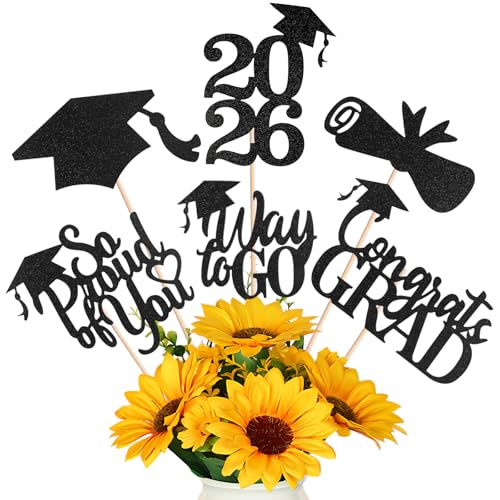 Image of Graduation Decorations 2026, 24 PCS Class of 2026 Double-Sided Centerpieces with Sticks, Black Glitter Grad Table Toppers and Party Supplies for Cake or Photo Booth