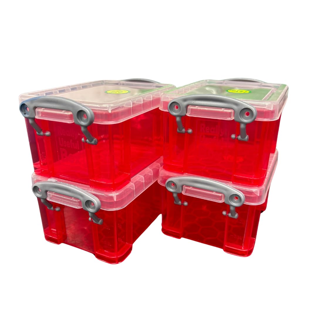 Generic Really Useful Plastic Storage Box 0.3 Litre Clear (Pack of 4) (Red) - Box - Rectangular - Stackable - 12 x 8 x 6 cm