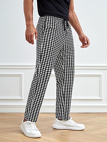 WDIRARA Men's Houndstooth Print Drawstring Tie Front Joggers Tapered Casual Long Pants3